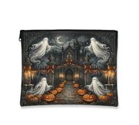 Ghost Canvas with Zipper, Spooky Fanciful Pumpkins Mansion Halloween Orange Portable with Zipper Cosmetic Pouch for Travel, Vanity, Bathroom, Purse Storage and Daily Use, Orange, 7x9 Inch, Spooky