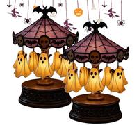 Ghost Carousel Lights, Halloween Ghost Night Light USB Rechargeable Vintage Carousel Decor with Floating Ghost, Antique Copper Base Purple Stained Glass - Spooky Reading Light (2PCS)