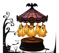 Ghost Carousel Lights, Halloween Ghost Night Light USB Rechargeable - Vintage Carousel Decor with Floating Ghost, Antique Copper Base & Purple Stained Glass - Spooky Reading Light