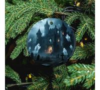 Ghost Castle Ceramic Christmas Ornament - 2 Pcs Xmas Tree Porcelain Hanging Ornaments, Round Farmhouse Pendant for Xmas Tree, Holiday Party Decorations & Festive Gift 2.8 Inch