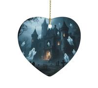 Ghost Castle Ceramic Christmas Ornament Heart Porcelain Hanging Pendant for Xmas Tree Decor Farmhouse Holiday Keepsake Gift for Home Office Decoration