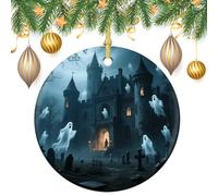 Ghost Castle Ceramic Christmas Ornaments with Gold String - Round Double Sided Porcelain Tree Decorations for Fireplace, Mantel, Wreath Holiday Party Decor (2.8 Inch)