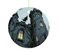 Ghost Castle Double-Sided Ceramic Christmas Ornaments - Round Hanging Mini Xmas Tree Decorations, Ideas for Farmers, Rustic Home Decor for Indoor Outdoor Tree Decor