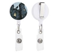 Ghost Castle Retractable Badge Reel - Personalized ID Name Badge Holder with Lanyard Cute Badges Reel Holder Round Nurse Doctor Name Tag Badges Clip for Work