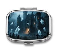 Ghost Castle Travel Pill Box, 2 Weekly Pill Compartment Organizer with Mirror for One Day, Medicine Organizer for Purse, Pocket or Wallet