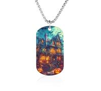 Ghost Castles Pumpkin Bats Moon Memorial Necklace Titanium Steel Rectangle Tag Chain Pendant Jewelry Gift