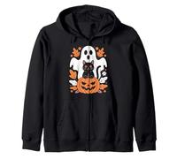 Ghost Cat Pumpkin Whimsical Halloween Zip Hoodie