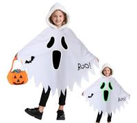 Ghost Costume Children with Luminous, 3-12 Years Halloween Costume Ghost Cape White with Hood & Pumpkin Bag, Ghost Face Boo Ghost Costumes Girls Boys for Halloween Carnival Cosplay (L)