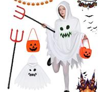 Ghost Costume Kids Halloween Costumes for Girls Boys, Glow in the Dark Ghost Face Outfit Halloween Children Cloak Hooded Fancy Dress Pumpkin Bags Trick-or-Treating Party (Adult, Adult)