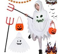 Ghost Costume Kids Halloween Costumes for Girls Boys, Glow in the Dark Ghost Face Outfit Halloween Children Cloak Hooded Fancy Dress Pumpkin Bags Trick-or-Treating Party (Kids Style 2, 7~9 Years)