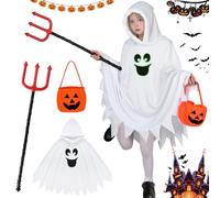 Ghost Costume Kids Halloween Costumes for Girls Boys, Glow in the Dark Ghost Face Outfit Halloween Children Cloak Hooded Fancy Dress Pumpkin Bags Trick-or-Treating Party (Kids Style 1, 7~9 Years)