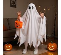 Ghost Costume Kids With Pumpkin Bucket, 2PCS White Ghost Cape With Trick Or Treat Bags, Halloween Costume For Boys Girls, Ghosts Face Halloween CostumeSet Party Accessories Cosplay Props For Children