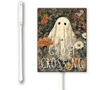 Ghost Crossing Yard Sign With Stakes 4.6 x 6 inch，Aluminum Sign for Home Farm Decor Outdoor Halloween Sign