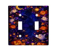 Ghost Double Light Switch Cover Plate, Fanciful Festive Pumpkins Lantern Halloween Blue Standard Size Decorative Wall Plates for Home Living Room Bedroom Bathroom Decor