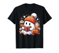 Ghost Drinking Coffee Book Reading Halloween Pumpkin Flower T-Shirt