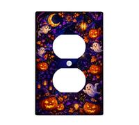 Ghost Duplex Outlet Covers Wall Plate, Fanciful Festive Pumpkins Lantern Halloween Blue Standard Size Double Power Outlet Cover Plate for Bedroom Bathroom Kitchen Entrance Decor