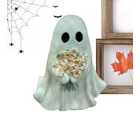 Ghost Figure, Resin Ghost Figurine with Flowers for Halloween, Warm Spooky Figure Decoration for Desktop Home Garden Living Room Tabletop Window Workplace Cabinet Holiday Bedroom Entryway