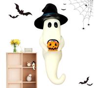 Ghost Figurine Halloween, Resin Statue, Spooky with Witch Hat and Pumpkin Pail, Whimsical Ornament for Bedroom, Living Room, Mantel, Tabletop, Haunted House, Party, 2.36x1.18 Inches