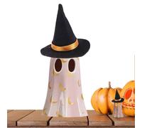 Ghost Figurine - Small Resin Sculpture for Halloween | Lighted Decorative Figurine with Witch Hat for Bedside Nightstand, Display Cabinet, Seasonal Holiday Home Decor, 10x7x7cm