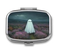 Ghost Floating Over Lavender Fields Pill Box 2 Compartment Portable Medicine Pill Case Travel Pill Organizer for Pocket Purse
