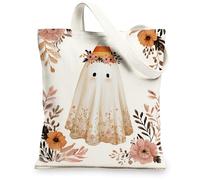 Ghost Floral Canvas Tote Bags, Cute Ghost Pattern Reusable Grocery Bags, Lightweight Washable Shoulder Strap Canvas Bags for Gym Outdoor Travel Beach Picnic 13x15 Inch