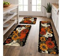 Ghost Floral Kitchen Mats for Floor, Halloween Pumpkin Vintage Soft Mats, Cushioned Comfort Washable Non Slip Decor Rugs for Kitchen Sinks Laundryroom Bathroom 3Pcs