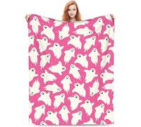 Ghost Halloween Blanket Cozy Throw Blanket, Ultra Soft Pink Flannel Blanket with Cute Ghost, Lightweight Halloween Blanket for Bed, Couch, Sofa, Living Room, Office, Travel Camping