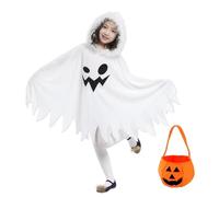 Ghost Halloween Costumes for Kids, White Ghost Costume Kids Ghost Cape Fancy Dress with a Pumpkin Treat Bag, White Scary Ghost Face Cloak with Hat Girls Boys Cosplay Dress Up Theme Party Outfit, 4-6