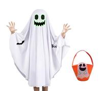 Ghost Halloween Costumes Kids, Glow in the Dark Spooky Boo Ghost Cloak with Pumpkin Treat Bucket, Soft Poncho Trick or Treat Outfit Party Dress for Boys Girls
