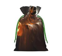 (Ghost Holding A Jack O Lantern) Printed Christmas M Size Gift Bags with Green Ribbon Drawstring Candy Bags for Kids Xmas Holiday Christmas Eve Presents