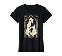 Ghost Holding Black Cat Celestial Tarot Card Value Graphic T-Shirt, Women, Black, S