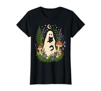 Ghost Holding Black Cat Cottagecore Botanical Floral Value Graphic T-Shirt, Women, Black, S