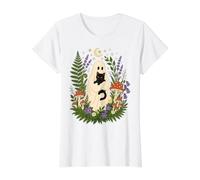 Ghost Holding Black Cat Cottagecore Botanical Floral Value Graphic T-Shirt, Women, White, XS