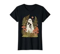 Ghost Holding Black Cat Cottagecore Botanical Mushrooms Value Graphic T-Shirt, Women, Black, S