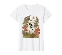 Ghost Holding Black Cat Cottagecore Botanical Mushrooms Value Graphic T-Shirt, Women, White, M