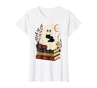 Ghost Holding Black Cat Dark Academia Book Lover Value Graphic T-Shirt, Women, White, S