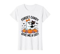 Ghost Holding Black Cat Floral Forget Candy Give Me A Cat Value Graphic T-Shirt, Women, White, L