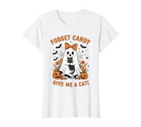 Ghost Holding Black Cat Floral Forget Candy Give Me A Cat Value Graphic T-Shirt, Women, White, XL