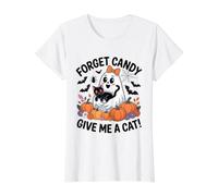 Ghost Holding Black Cat Halloween Forget Candy Give Me A Cat Value Graphic T-Shirt, Women, White, XL