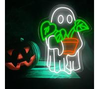 Ghost Holding Plant Neon Sign - LED Wall Light Featuring a Cute Spirit with Green Potted Plant, USB Powered Light for Bedroom, Plant Corner, or Halloween Decor 16.5″ × 12.2″