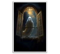 Ghost in the Gothic Window, Dark Academia, Gothic Victorian, Haunting Ghost, Art Poster Print, Halloween Deco Indoor Decor for Home Offices Living Room Bedroom Dining Room farmhouse