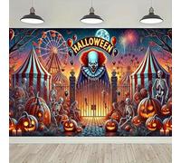 Ghost like Halloween carnival background banner with evil clown, skull, pumpkin, and circus tent 350x240CM