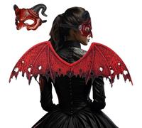 Ghost Mask Red Devil Costume with Half Face Dragon Mask & Dragon Wings, Scary Halloween Cosplay Masquerade Party Accessories, Red