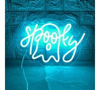 Ghost Neon Sign LED Halloween Spooky Neon Light with Dimmable Switch and Hanging Chain,Halloween Desktop Fireplace Wall Decor Art Lights Gifts for Kids Friends Bedroom(Ice Blue)