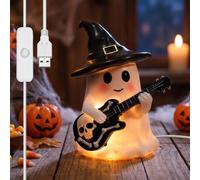 Ghost Night Light with Witch's Hat and Guitar, Halloween Cute Ghost Decor | Cute 3D Ghost Witch Guitar Light/ USB Powered LED Lamp/ Warm White Glow/ Resin Ornaments/ Party Decor Nightlight