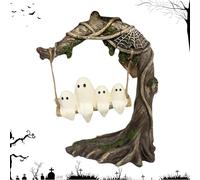 Ghost on a Tree Swing, Cute Ghost Hanging Statue, Halloween Swing Ghost Ornament, Spooky Ghosts Halloween Decor for Desktop, Bookshelf, Halloween Swing Ghost Decor, Funny Resin Ghosts Ornament (B)