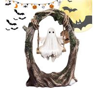 Ghost on a Tree Swing, Cute Ghost Hanging Statue, Halloween Swing Ghost Ornament, Spooky Ghosts Halloween Decor for Desktop, Bookshelf, Halloween Swing Ghost Decor, Funny Resin Ghosts Ornament (A)