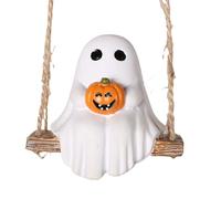 Ghost Ornaments, Halloween Swing Ghost Holding Pumpkin Ornaments, Decorative Resin Figurine Pendant for Shelf Door Desktop Indoor Car Review Mirror Yard Patio Window Party