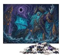 Ghost Pirate Ship 1000 Piece Wooden Jigsaw Puzzle,Wood,Educational Toy,Home Wall Decor Skeleton Captain,Gift Idea,Adults & Kids 14+,Impossible Challenge,Stress Relief (75x50cm)