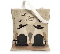 Ghost Print Canvas Tote Bags, Fun Halloween Themed Reusable Grocery Bags, Vintage Spooky Lightweight Washable Shoulder Strap Canvas Bags for Travel Beach Shopping 13x15 Inch